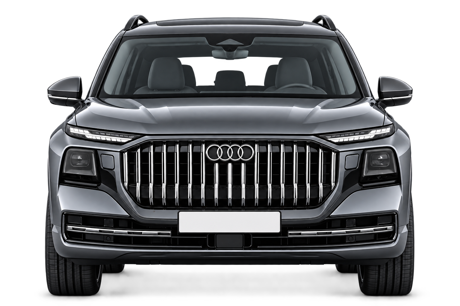 Metallic grey Audi Q9, front view