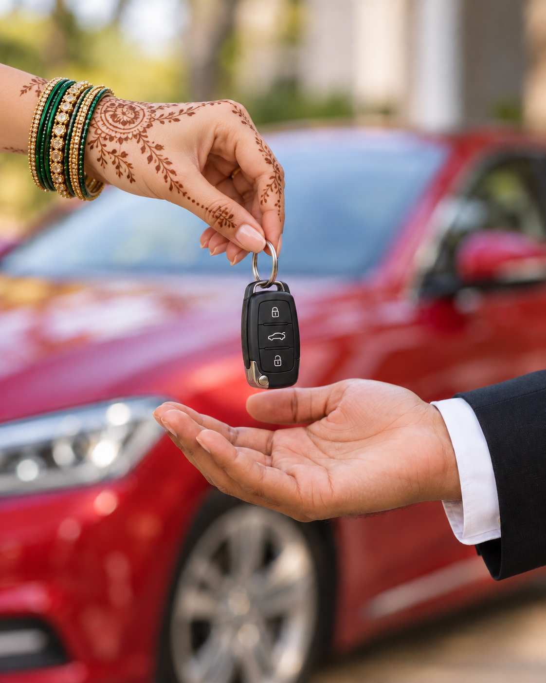 A woman with mehendi and green-and-gold bangles handing car keys to a man wearing a black suit and white shirt